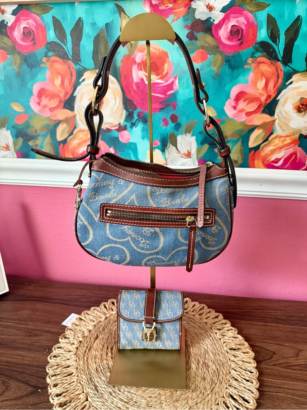 Vintage Dooney and Bourke denim with Dark Brown Leather Trim, Hobo Shoulderbag.
